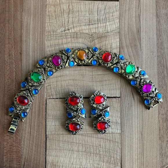 VTG Byzantine Etruscan Mogul Cabs Bracelet 7 Inch w Earrings Multicolor Ornate - Picture 2 of 13